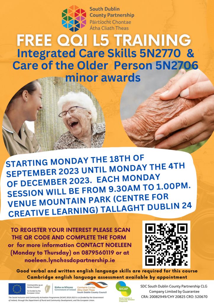 Free QQI training Care Skills Care of the Older Person Starting Monday 18th September